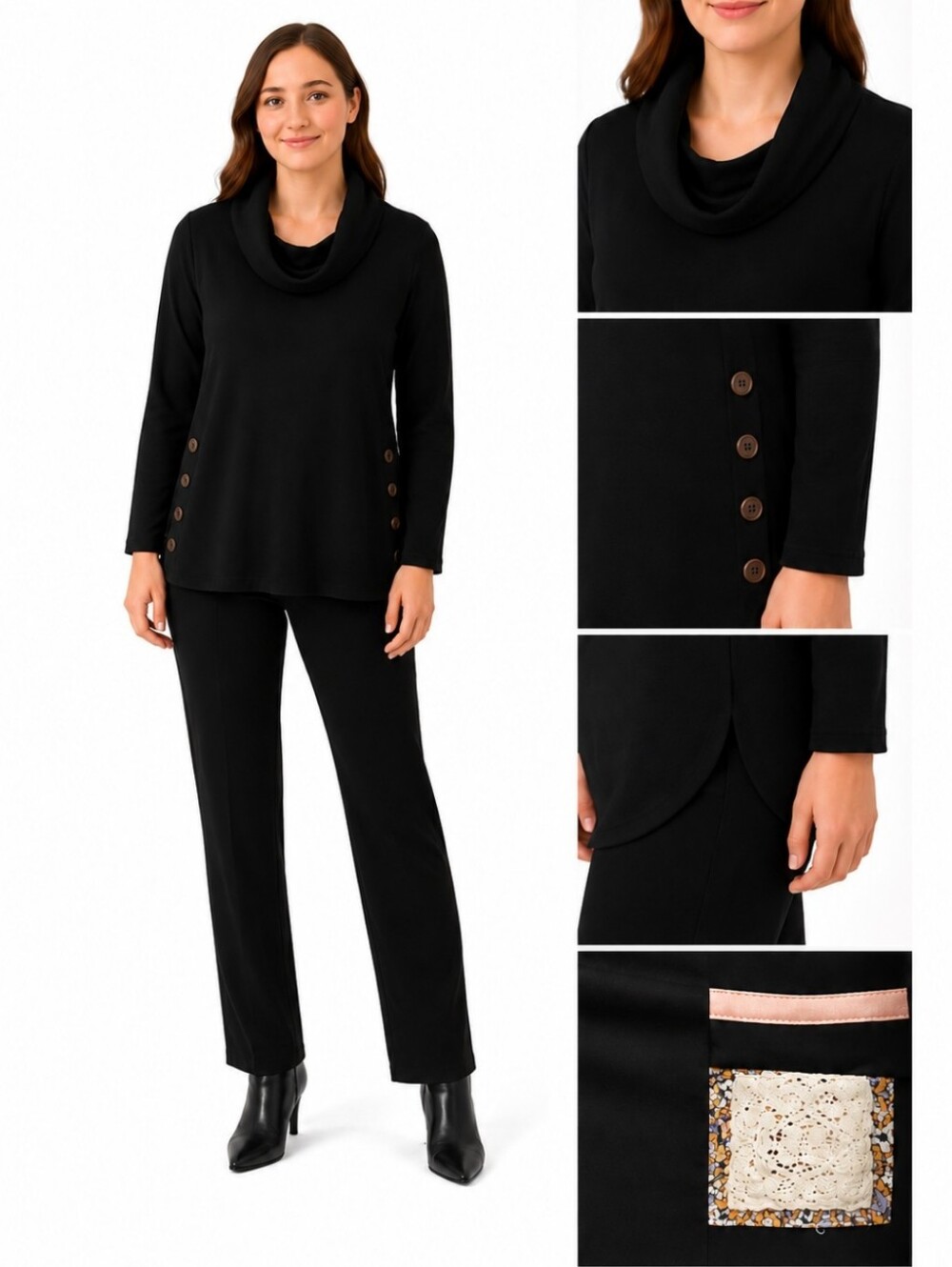 Cupio Black Cowl Neck Sweater With Split Side Button Detail Womens No Sz Tag